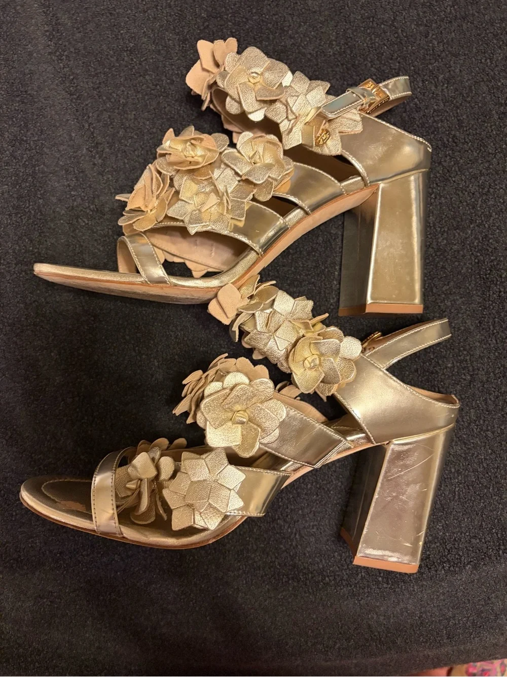 Tory Burch Blossom Floral Metallic Sandals in Gold - Elegant Dress Heels
